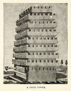 1898 Wood Engraving Crusade Jerusalem Siege Tower Engine Fortification XEAA8