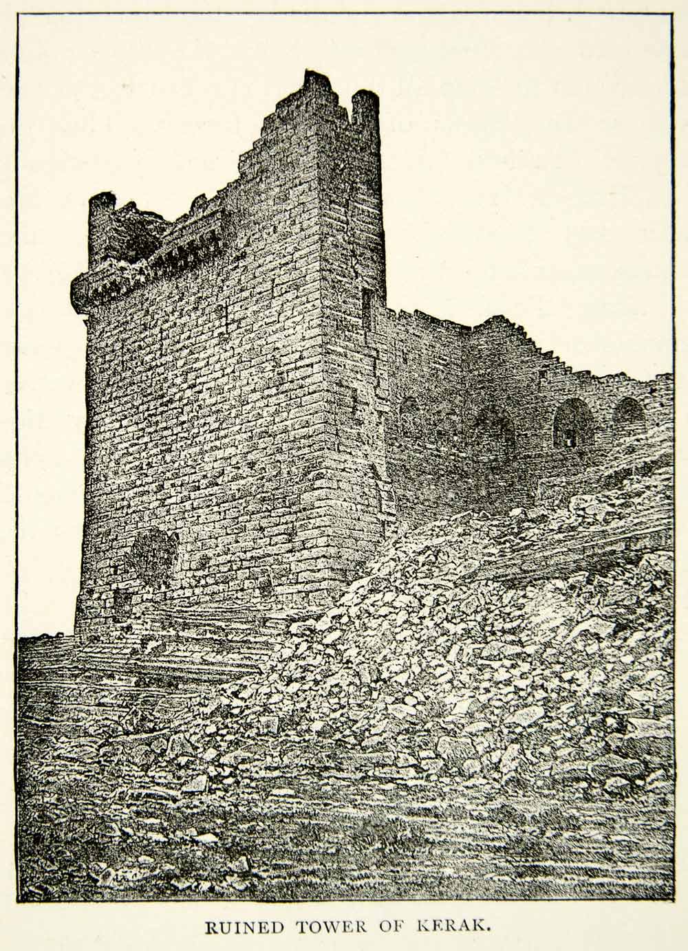 1898 Print Ruins Tower Kerak Crusades Jordan Castle Crusader Levant Dead XEAA8