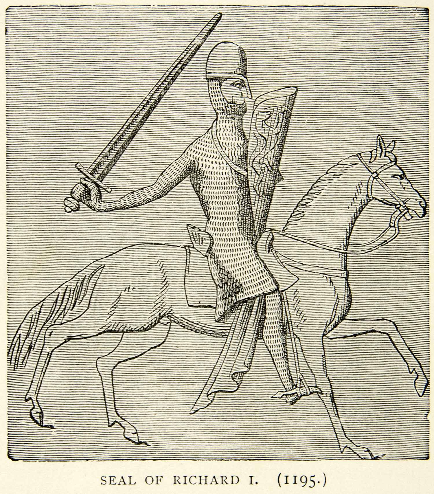 1898 Wood Engraving Seal Richard I Horse Sword Crusades Equestrian England XEAA8