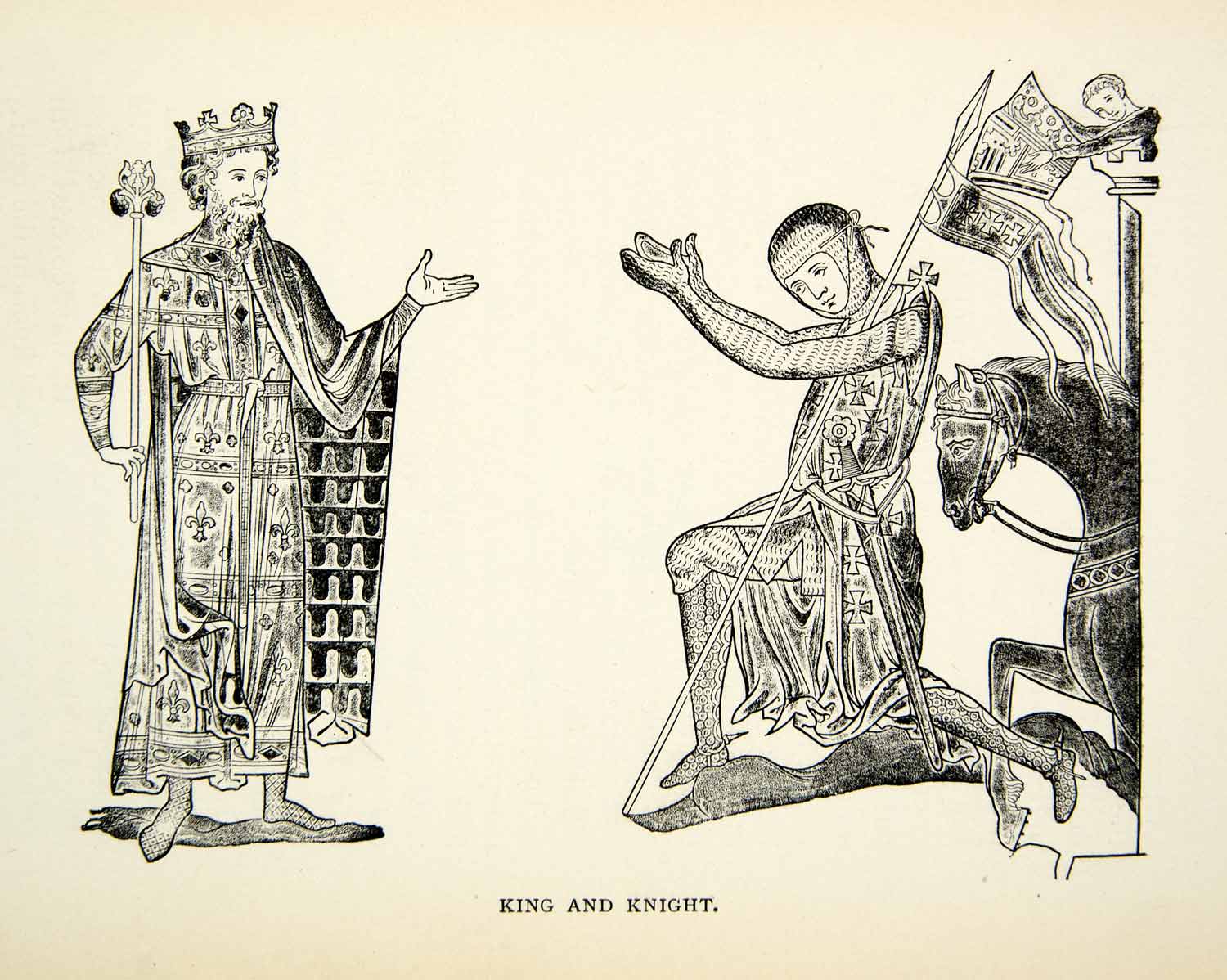 1898 Print King Knight Crusades Bow Kneel Horse Crown Spear Armor Religion XEAA8
