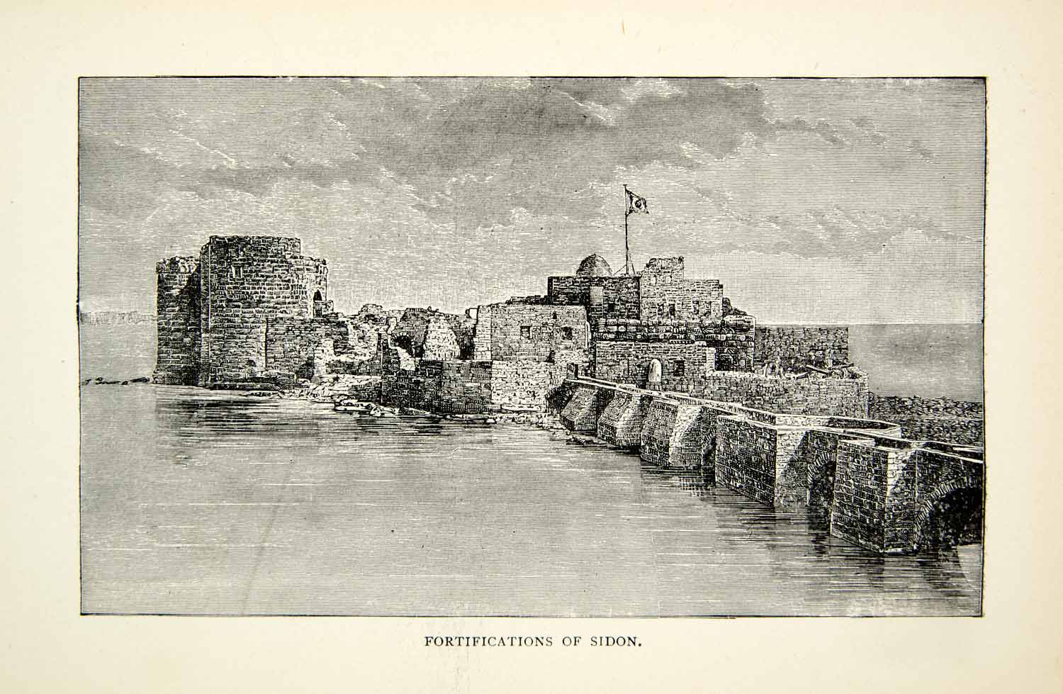 1898 Wood Engraving Fortification Sidon Water Crusades Sea Lebanon XEAA8