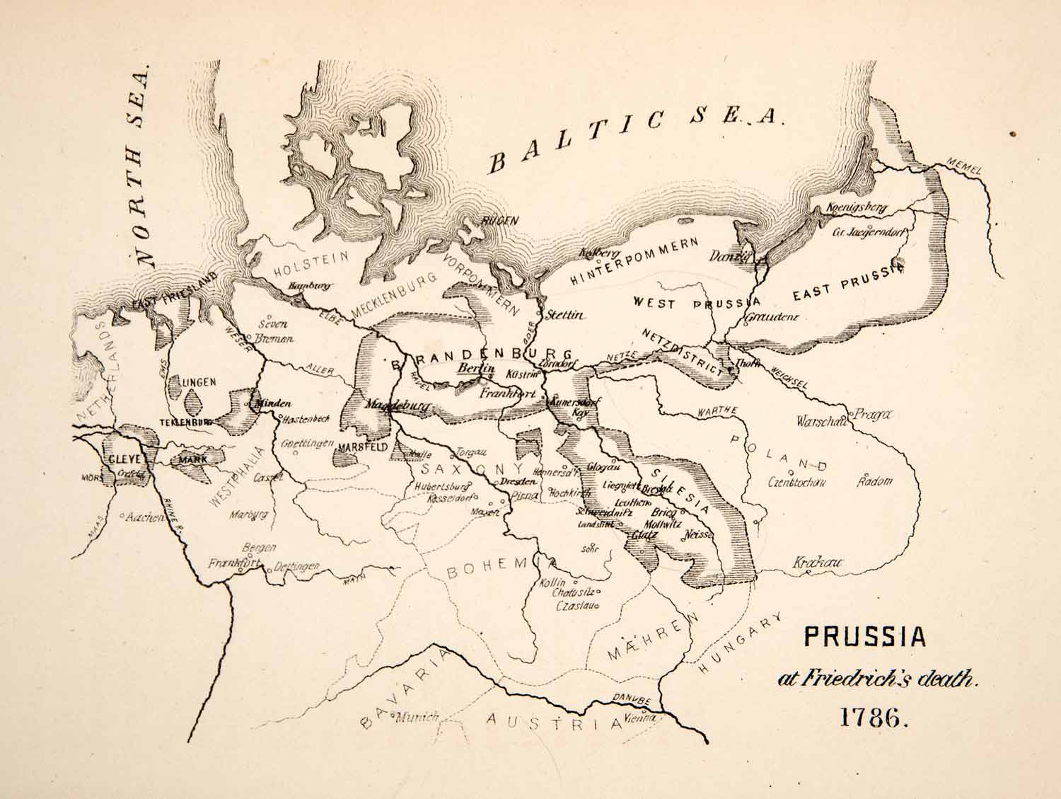 1871 Wood Engraving Map Prussia Europe North Sea Baltic 1786 Brandenburg XEB6