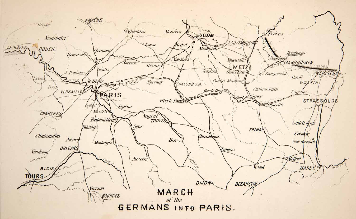 1871 Wood Engraving March German Paris Military War Metz Sedan Tours Dijon XEB6