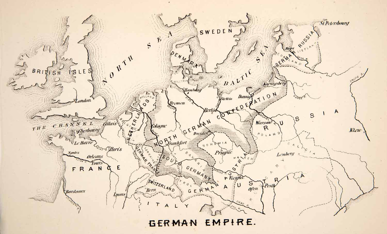 1871 Wood Engraving German Empire France Russia Map Netherlands Austria XEB6