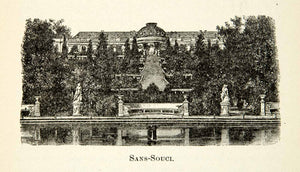 1912 Wood Engraving Sanssouci Trees Architecture Summer Palace Germany XEBA2