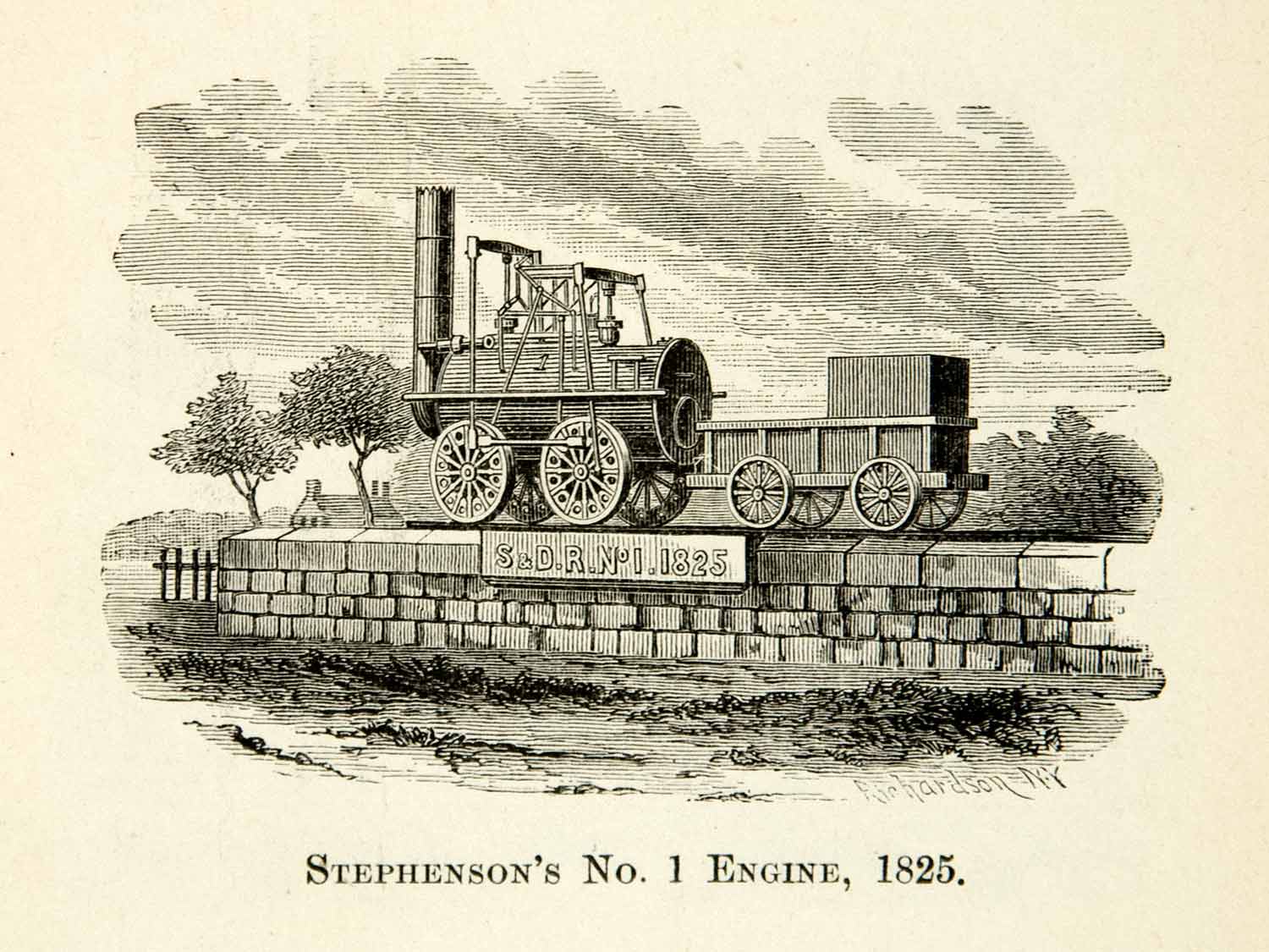 1912 Wood Engraving Stephenson No 1 Engine Steam Locomotive George Robert XEBA2