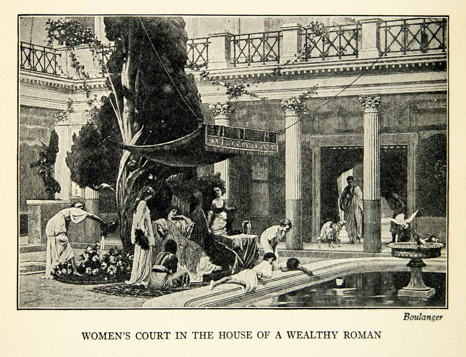 1918 Print Ancient Roman Womens Courtyard Garden Fountain Rome Boulanger XEBA5