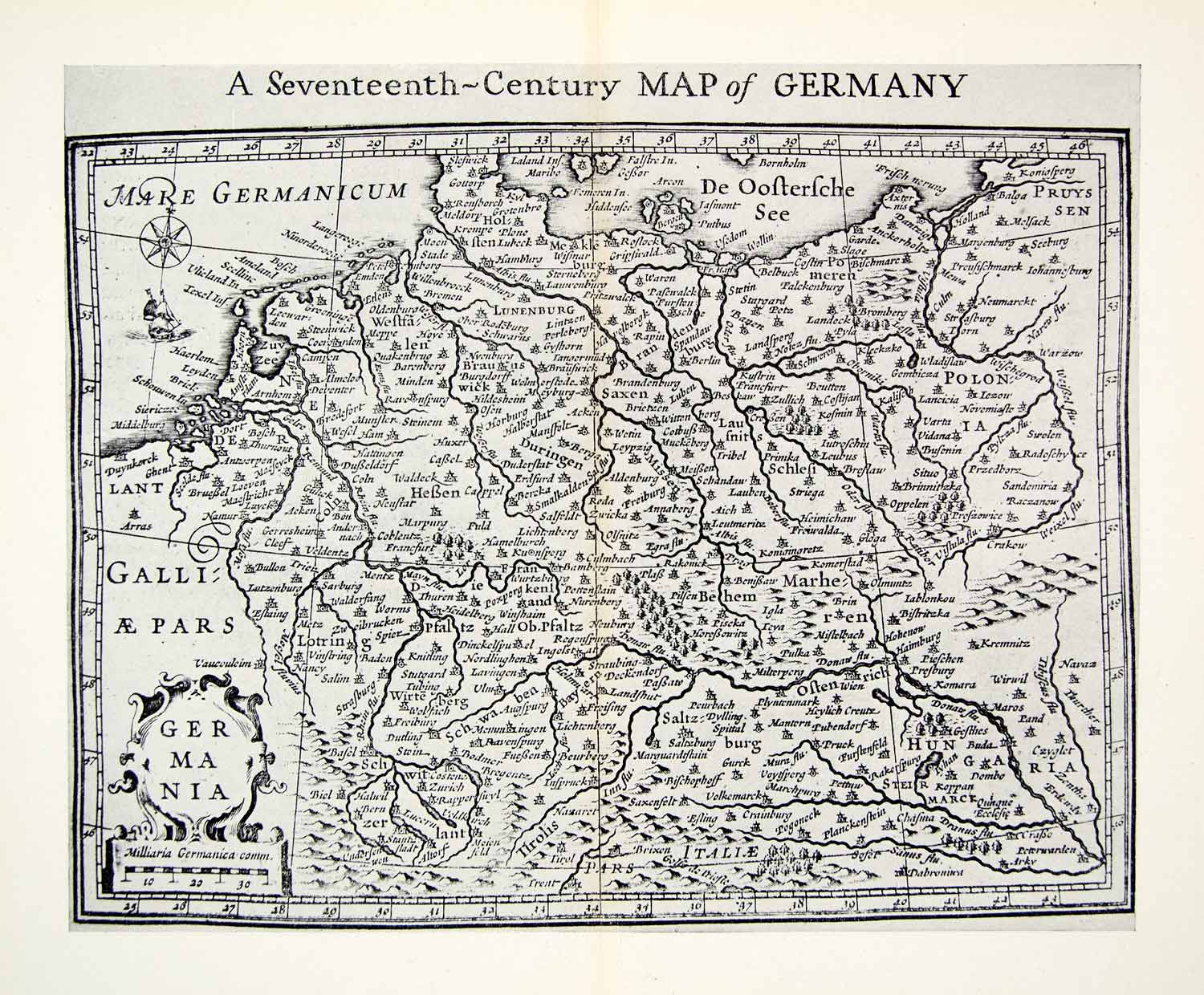 1944 Map Seventeenth Century Germany Marhe Hungaria Polonia Pruyssen XEBA6