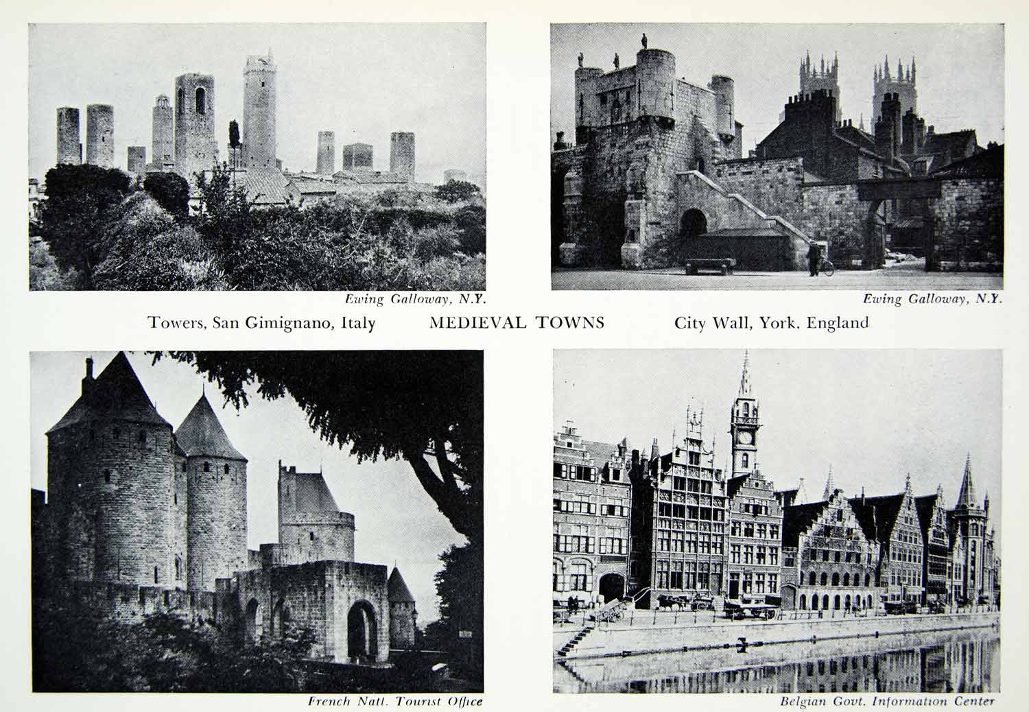 1949 Print Towers San Gimignano York City Walls Gate Carcassonne Gild XEBA7