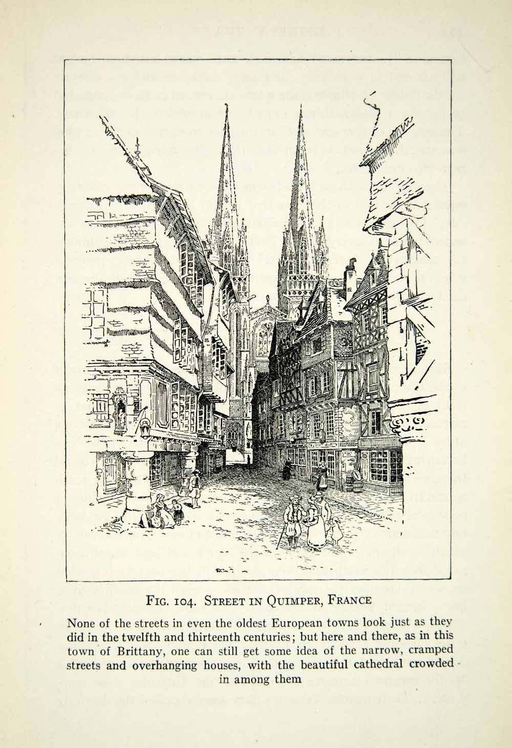 1929 Print Quimper France Streetscape Cityscape Art Gothic Cathedral XEBA9