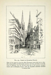 1929 Print Quimper France Streetscape Cityscape Art Gothic Cathedral XEBA9