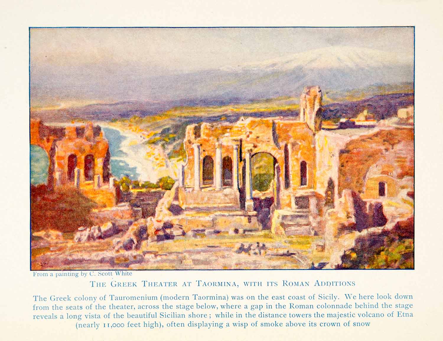 1929 Color Print Ancient Roman Greek Theater Taormina Sicily Italy XEBA9