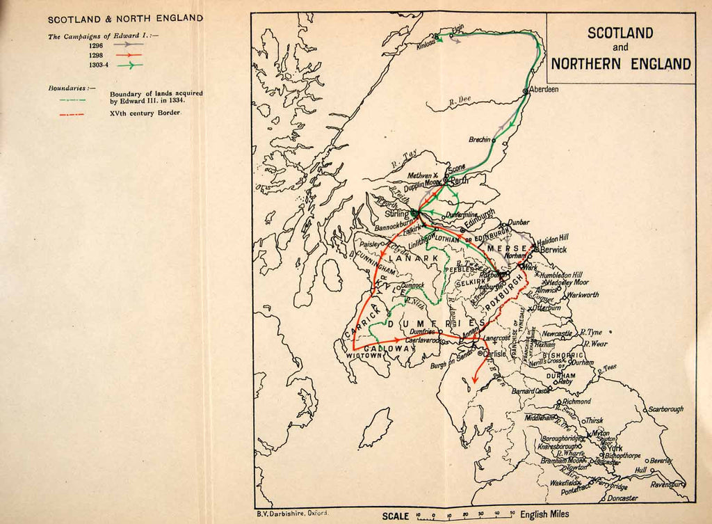 1914 Lithograph Map Scotland Northern England Edward Campaigns Borders XEC2 - Period Paper
