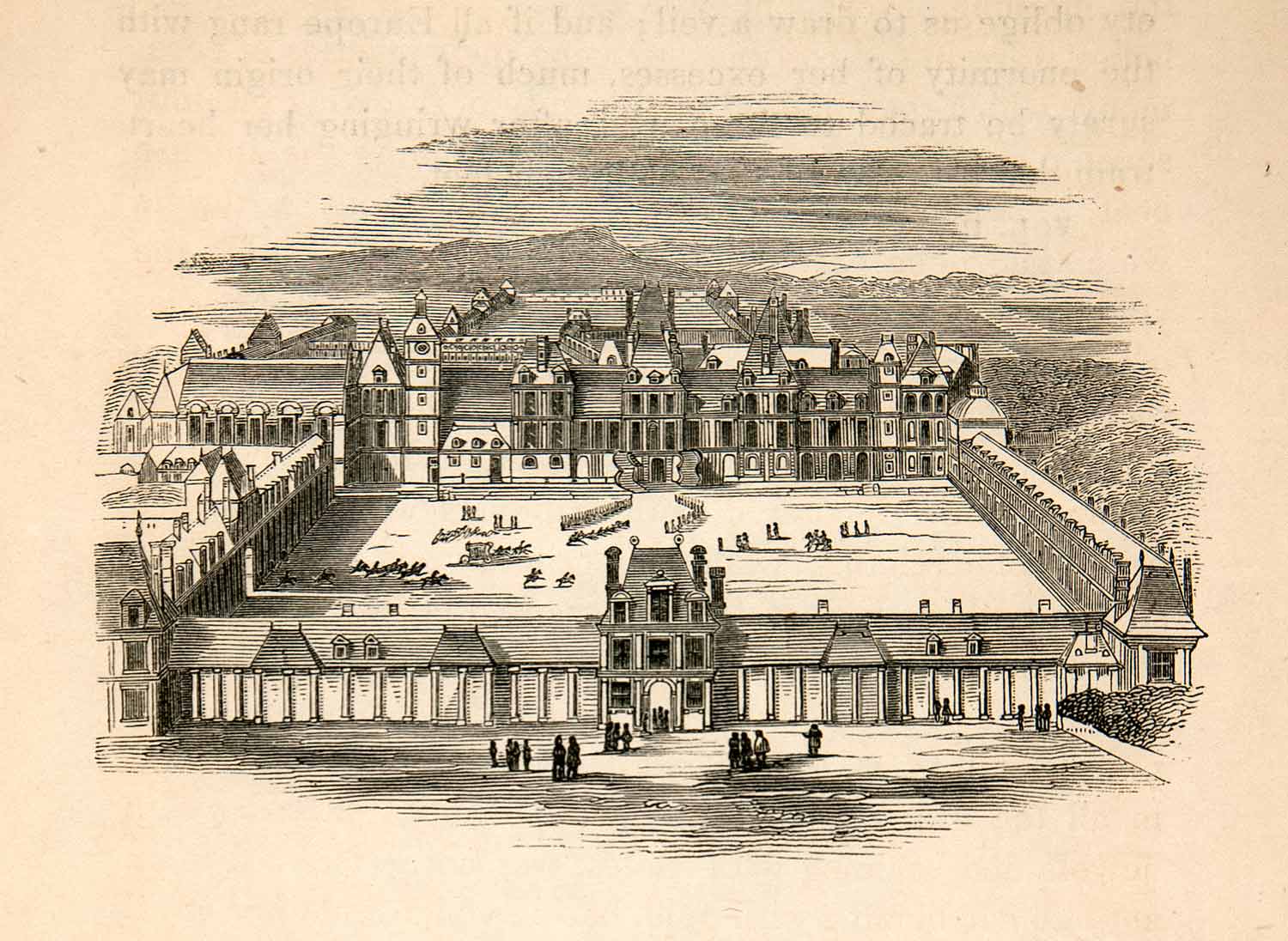 1855 Wood Engraving Chateau Fontainbleau Court Aerial View Palace Landmark XEC3