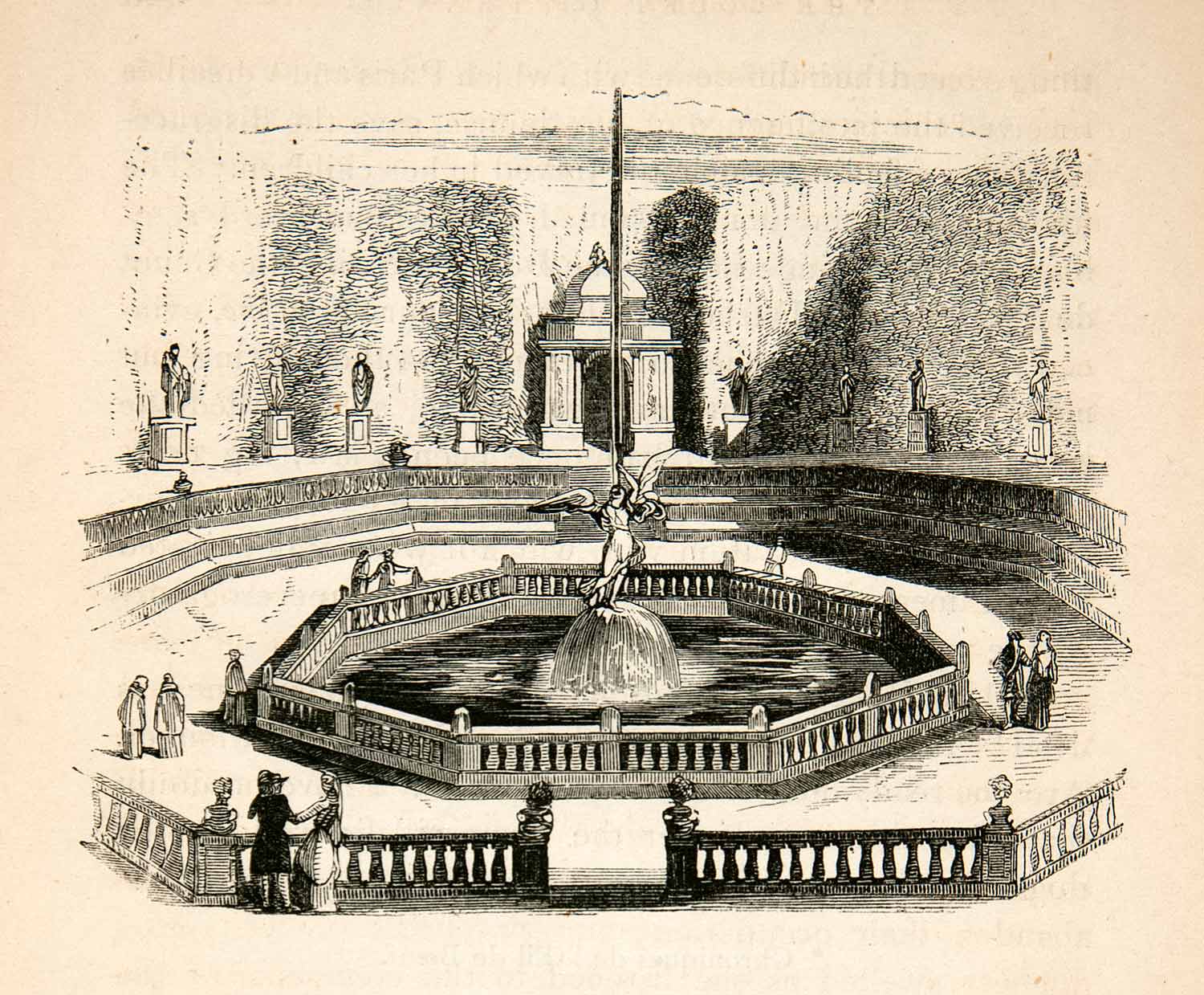 1855 Wood Engraving Fountain Statue Fame Versailles Bosquet Grove Garden XEC3