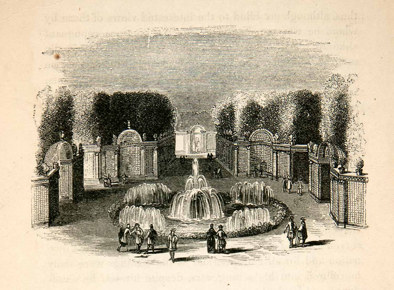 1855 Wood Engraving Fountain Star Versailles Bosquet Etoile 17th Century XEC3
