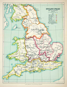1923 Lithograph England Wales Map Anglia Lincoln Sussex Dorset Devon XEC4