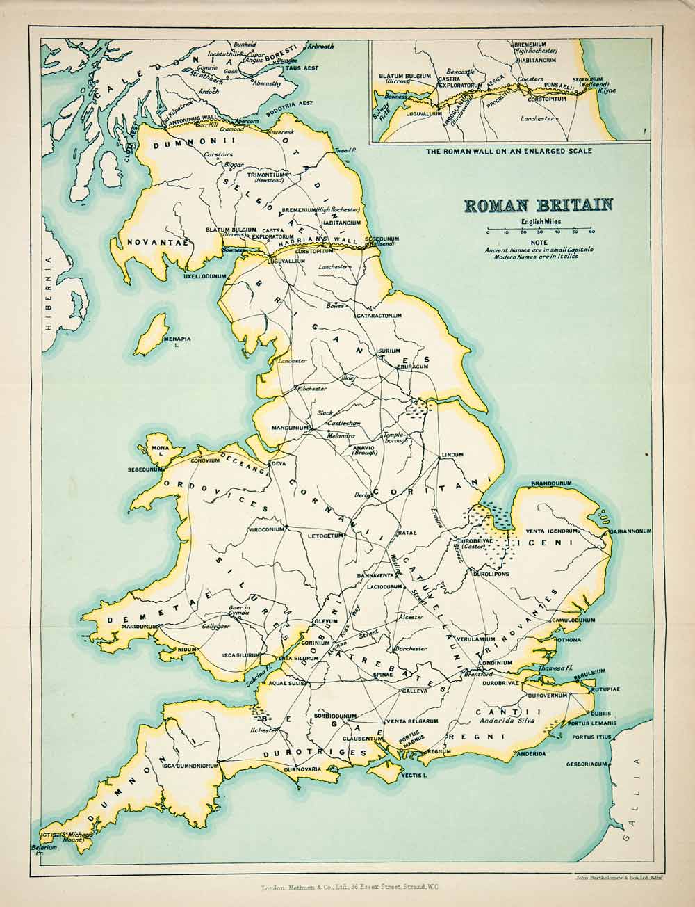 1923 Lithograph Map Roman Britain Demetae Dumnonii Durotriges Regni Lindum XEC4