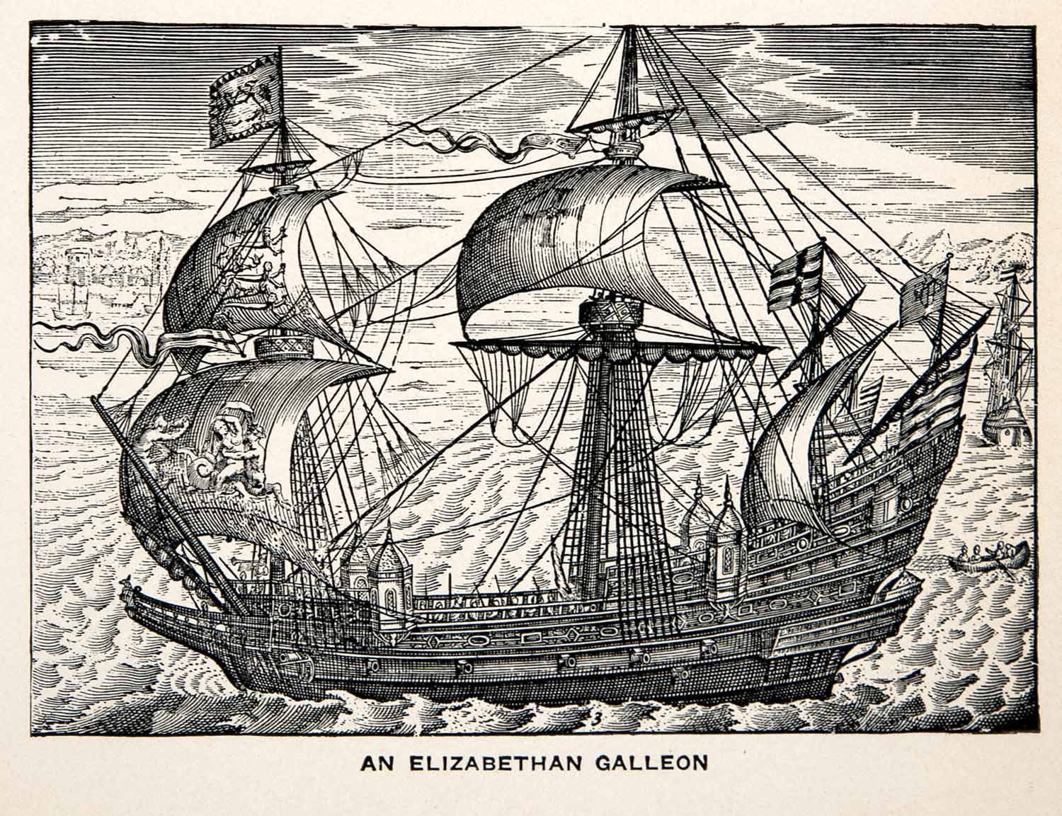 1928 Print Elizabethan Galleon England Battle Vessel Ship War Sails Mast XEC7