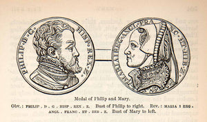 1878 Wood Engraving Medals Phillip II Spain Mary I England King Queen Bust XEC8