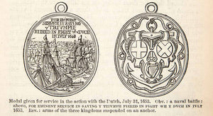 1878 Wood Engraving Medal Honor English Fleet Dutch Victory Service Coat XEC8