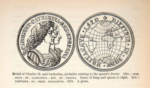 1878 Wood Engraving Coronation Medal Charles II Catherine Braganza Globe XEC8