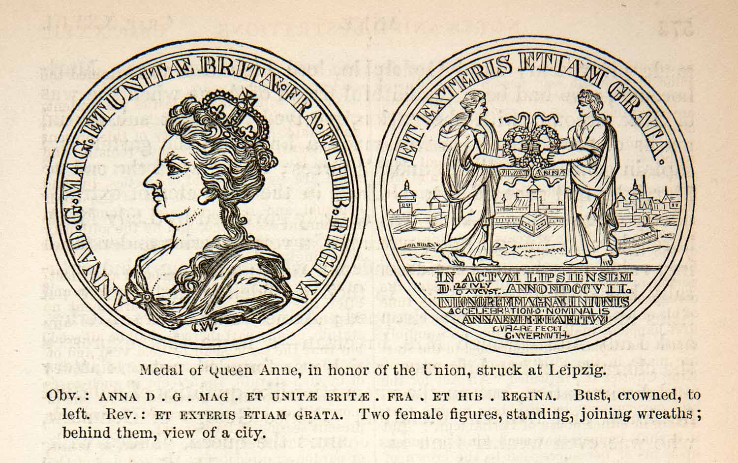 1878 Wood Engraving Queen Anne Medal Commemorate Union Leipzig England XEC8