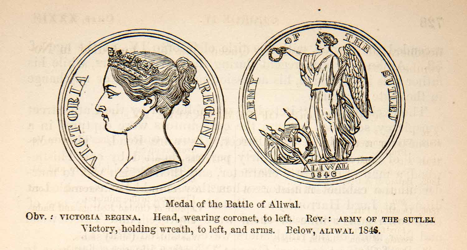 1878 Wood Engraving Medal Commemorate Battle Aliwal Queen Victoria Army XEC8
