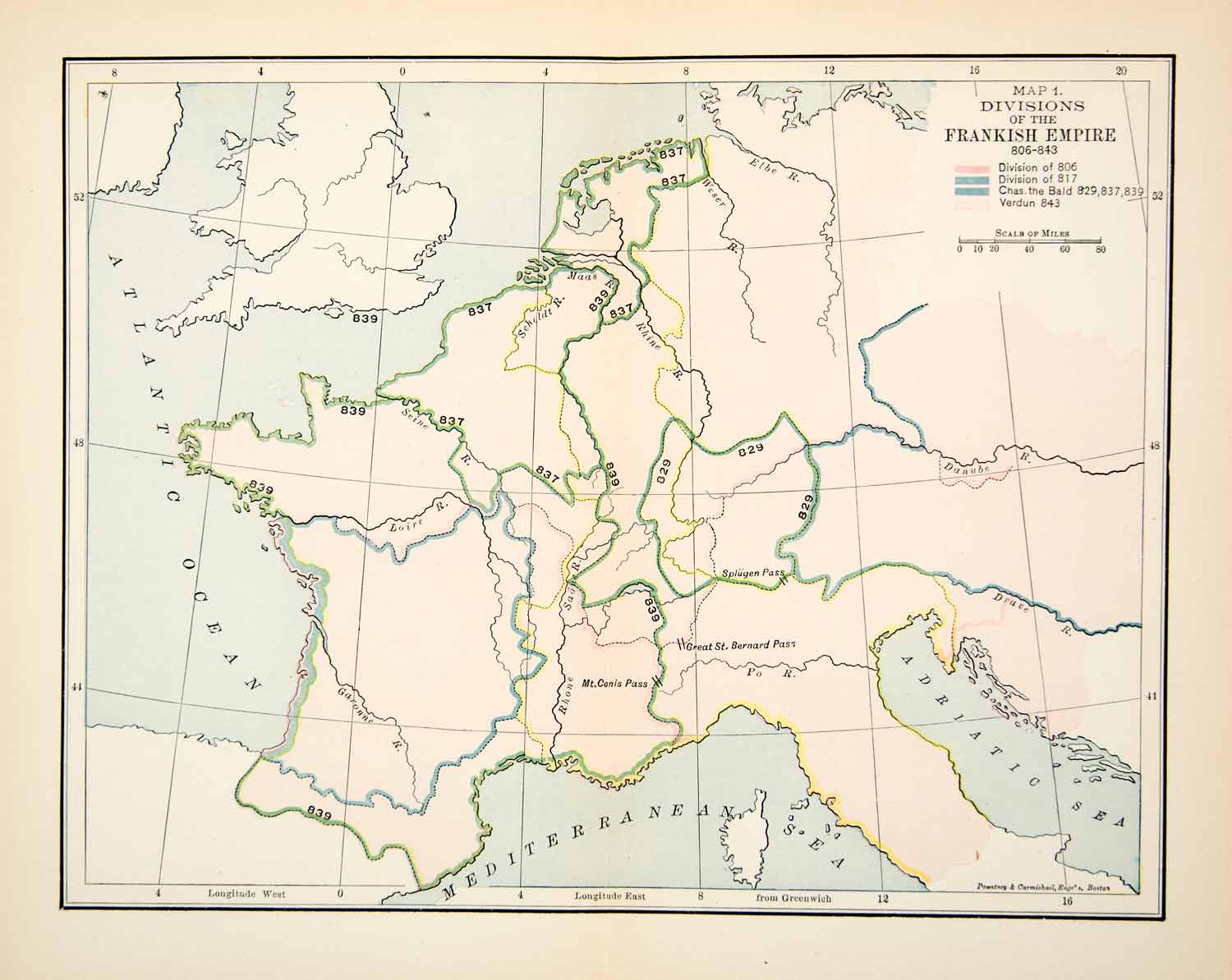 1894 Print Map Frankish Empier Division Adriatic Sea Mediterranean Mt XECA2