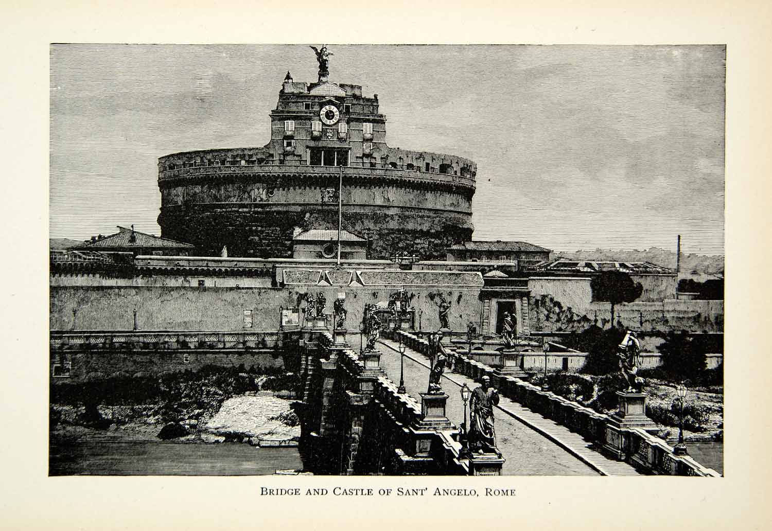 1906 Wood Engraving Bridge Castle Sant'Angelo Rome Castel Mausoleum XECA3