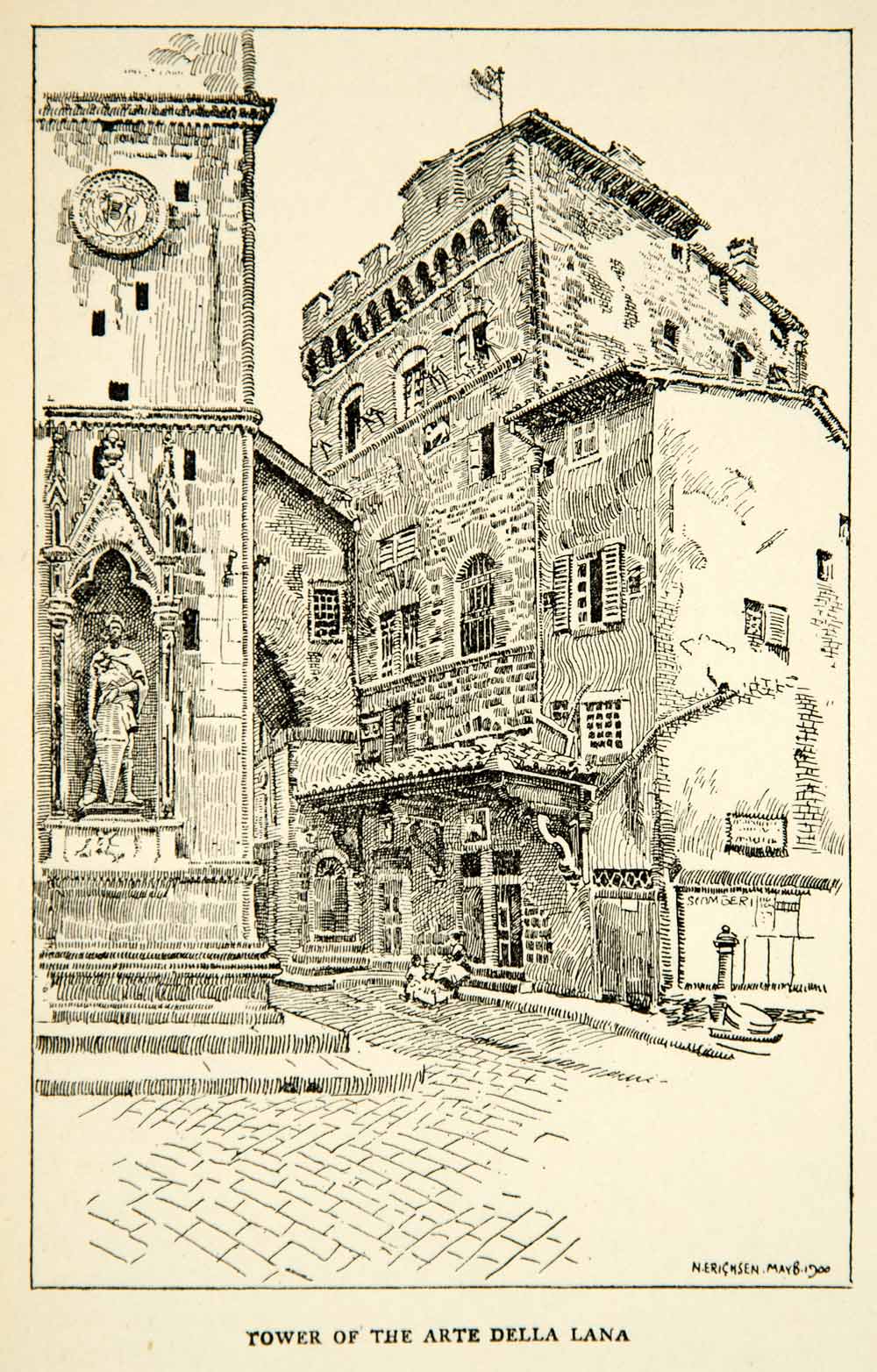 1903 Print Florence Italy Tower Arte Della Lana Architecture Wool Guild XECA6