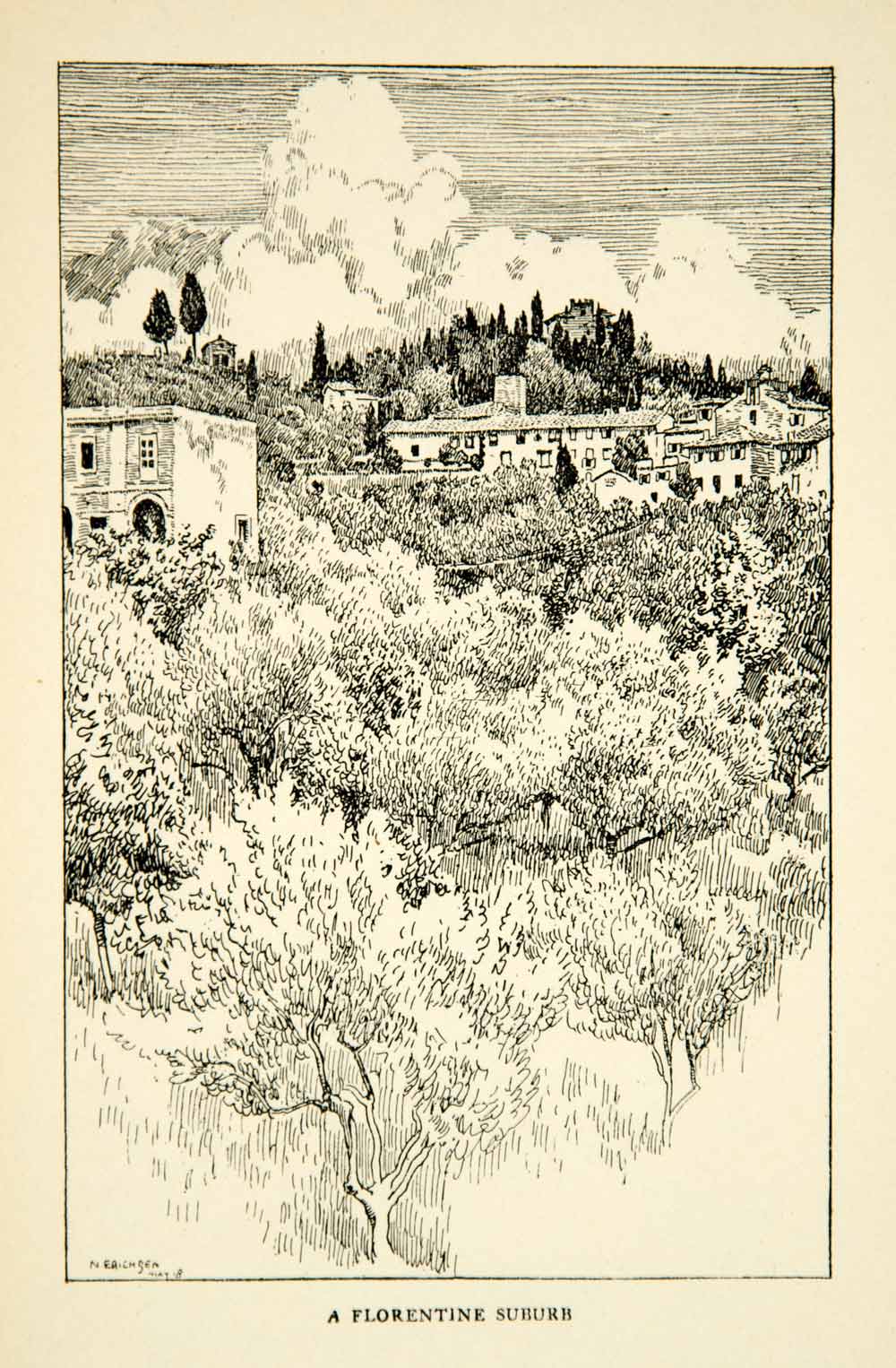 1903 Print Florence Italy Suburb Landscape City Urban Villa Skyline Europe XECA6