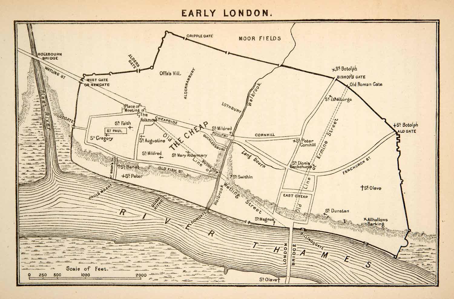 1884 Wood Engraved Map Early London England Thames River Cheap Moor Fields XED2
