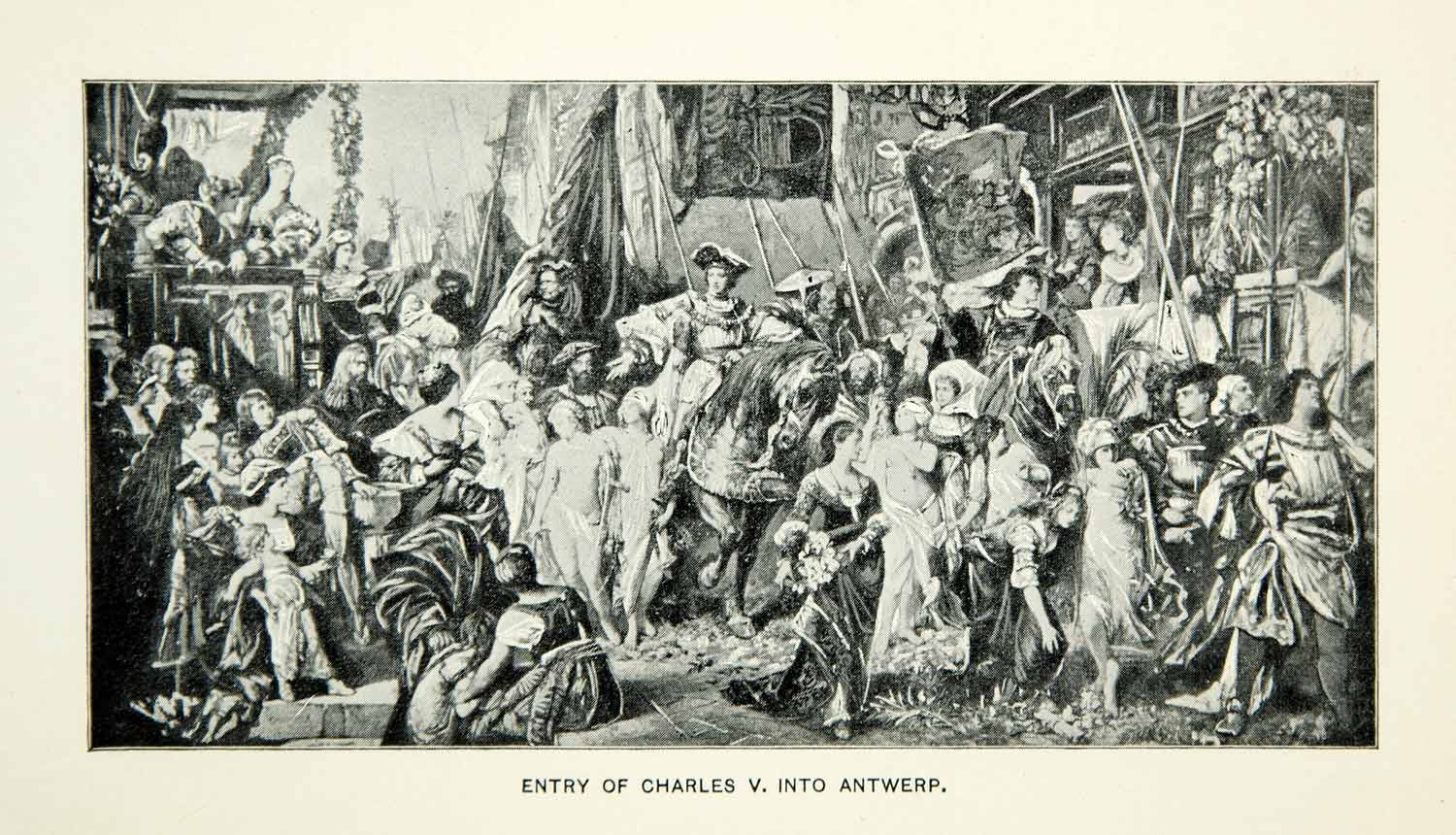 1884 Print Charles V Antwerp Emperor Antwerp Riding Onlookers Art Crowd XEDA8