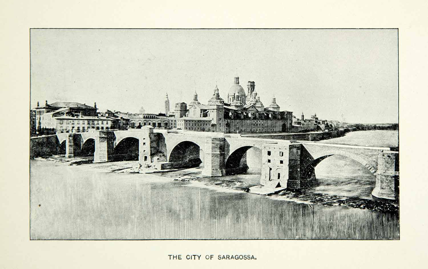 1884 Print Saragossa Zaragoza Aragon Spain Bridge Puente Pietra UNESCO XEDA8