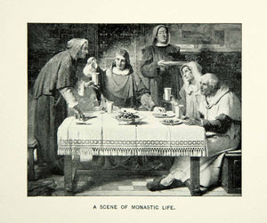 1884 Print Scene Monastic Life Monk Dinner Meal Nun Religious Art XEDA8