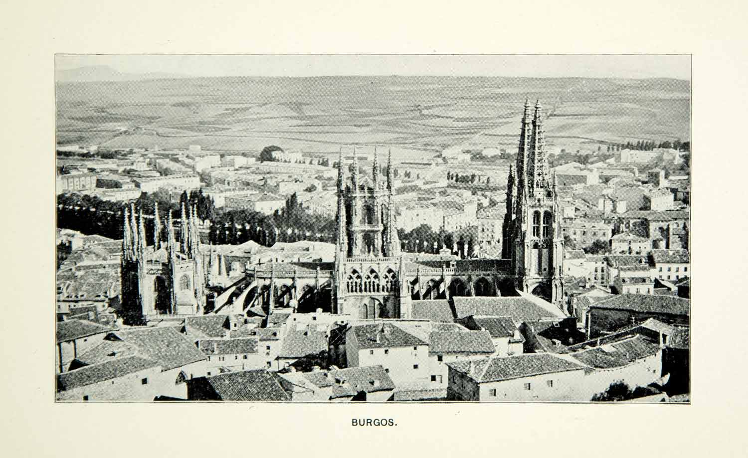 1884 Print Burgos Cathedral UNESCO World Heritage Site Aerial View Tower XEDA8