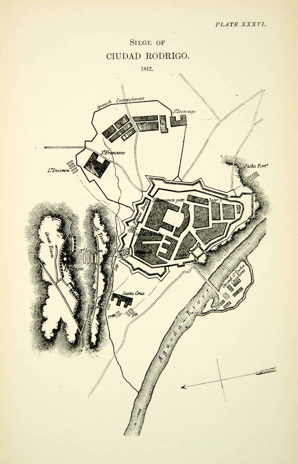 1904 Print Map Peninsular War Siege Ciudad Rodrigo British French XEDA9