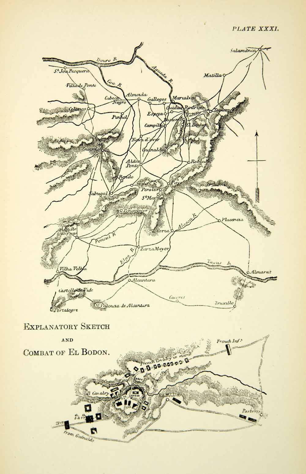 1904 Print Map Peninsular War Napoleonic Battle El Bodon Combat British XEDA9