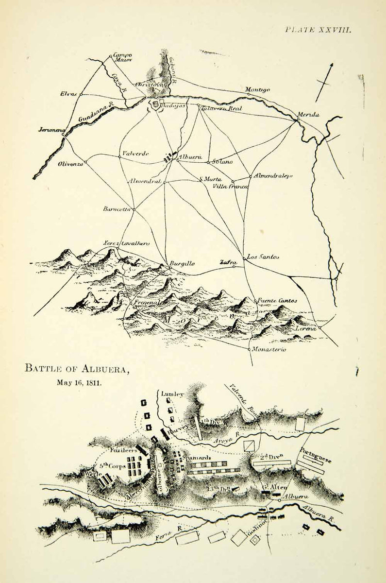 1904 Print Map Peninsular War Battle of Albuera Napoleonic British Fre ...