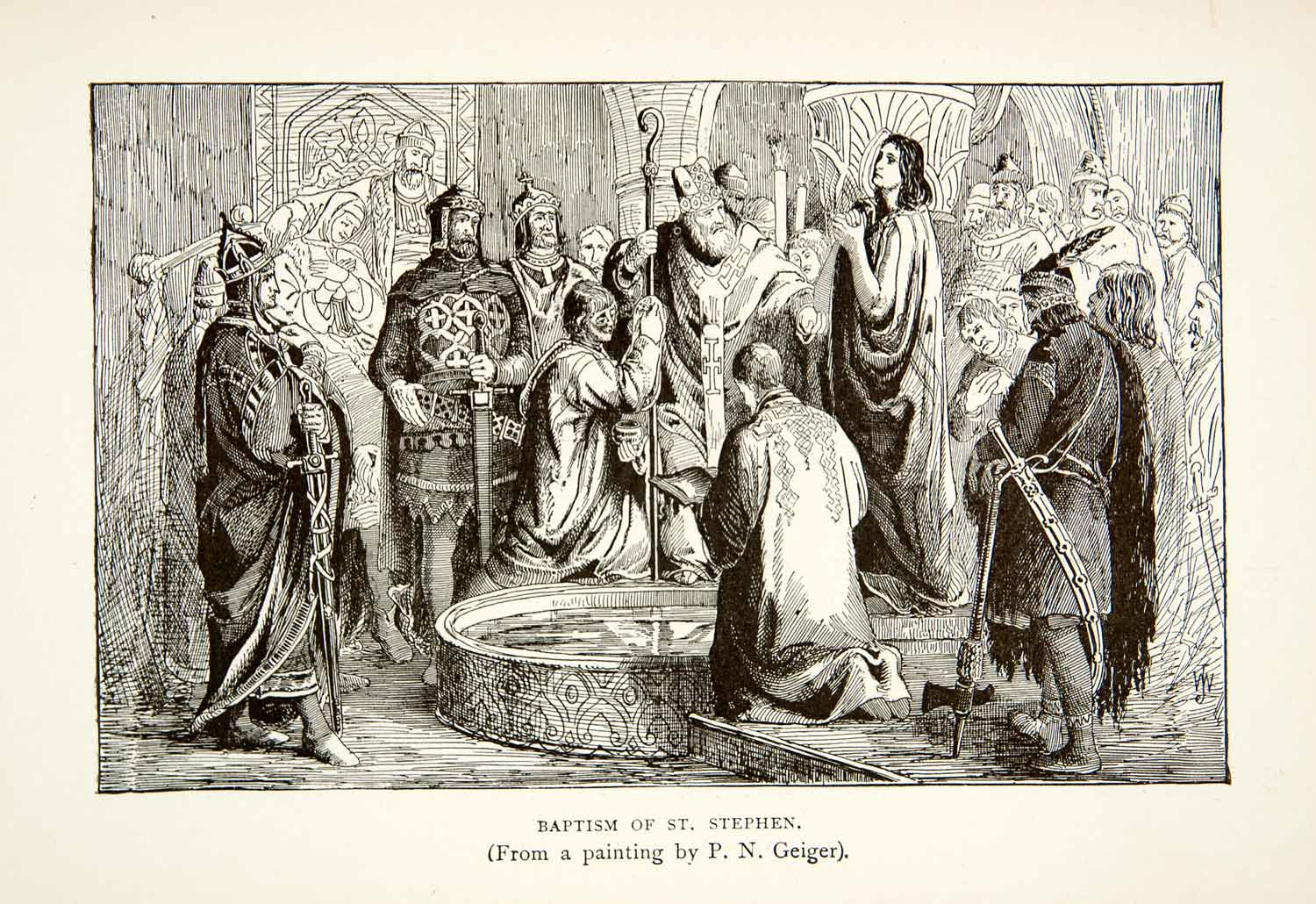 1901 Wood Engraving Baptism St Stephan Hungary Grand Prince King Art XEE2