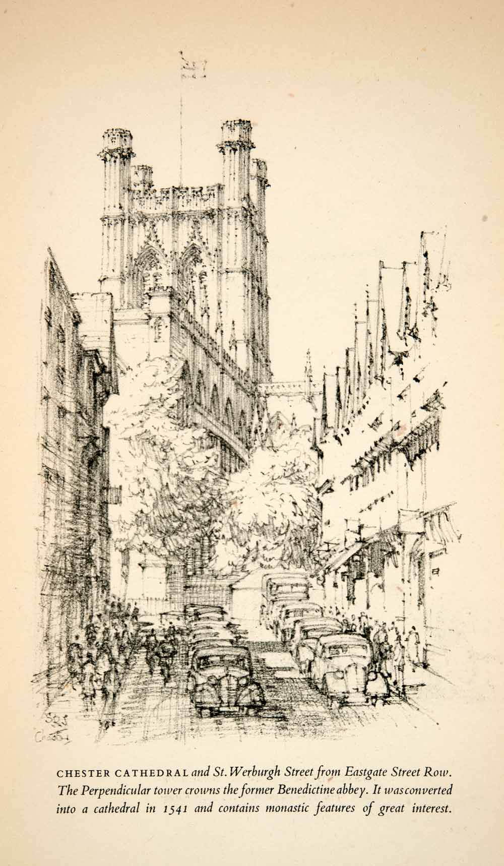 1950 Print Chester Cathedral St Werburgh Street Cityscape England Sydney XEE3