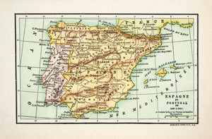 1929 Wood Engraving Map Spain Portugal Atlantic Ocean Mediterranean Sea XEE8