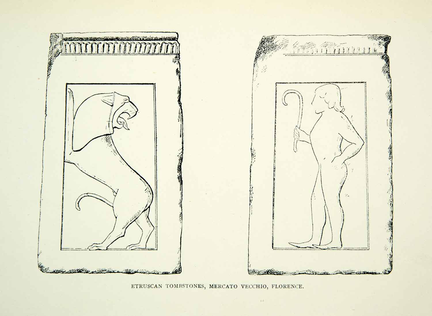 1894 Print Etruscan Stele Tombstone Lion Mercato Vecchio Florence Artifact XEEA2