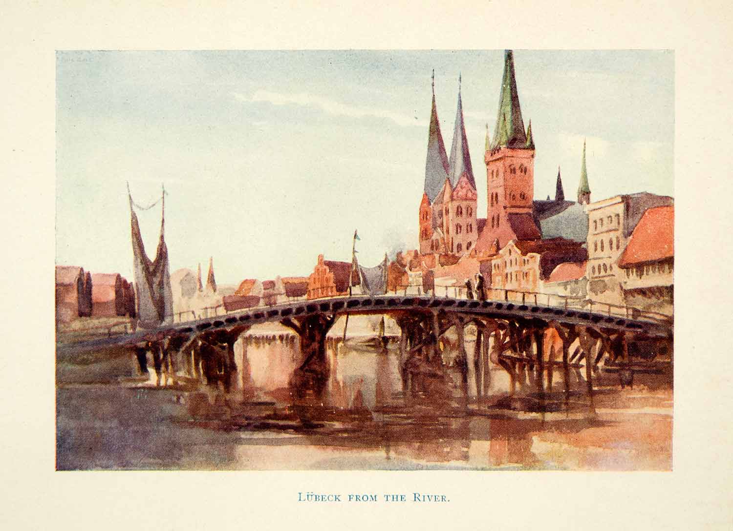 1914 Color Print Cityscape Lubeck Germany Bridge River Trave Church XEEA5