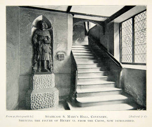 1898 Print Staircase St. Mary's Guildhall Coventry England Statue King XEEA9