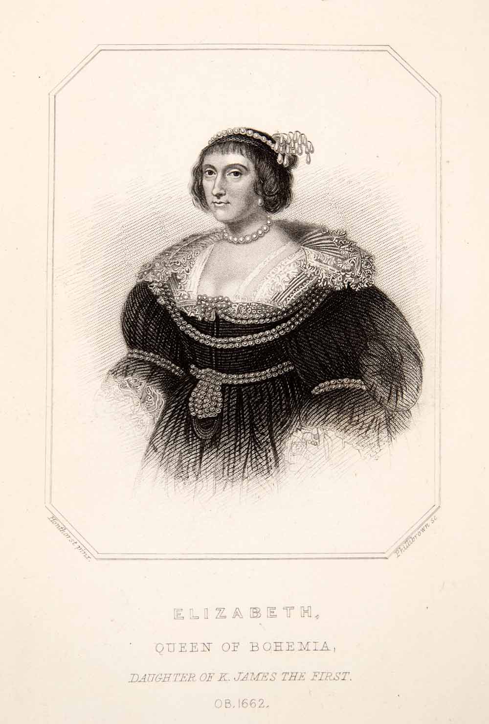 1857 Steel Engraving Elizabeth Queen Bohemia Royalty Portrait Historic XEF2