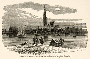 1877 Woodcut Antwerp Scheldt France Cityscape Sailing Ships Waterway Boats XEF4