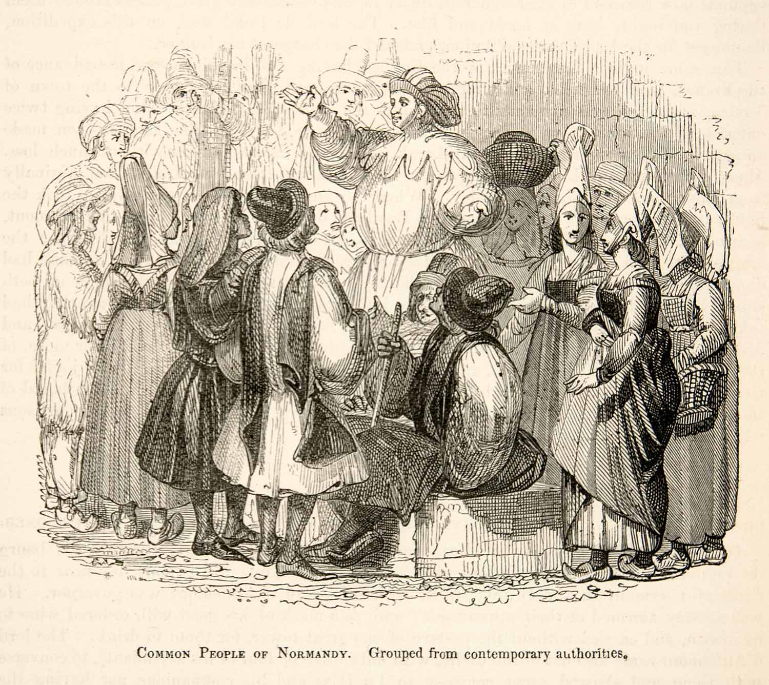 1877 Woodcut Common People Normandy Costume Midieval Group Assembly Speaker XEF4
