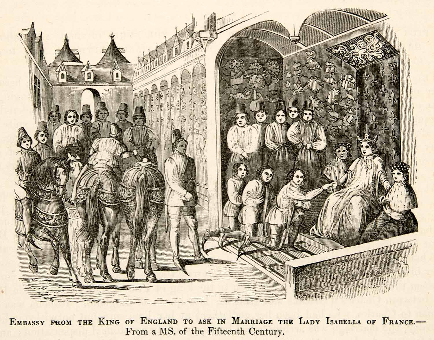 1877 Woodcut Embassy King England Proposal Marriage Lady Isabella France XEF4